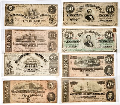 Lot 160 - Confederate States of America. Group of Paper Money, Various Denominations. Grades Vary.