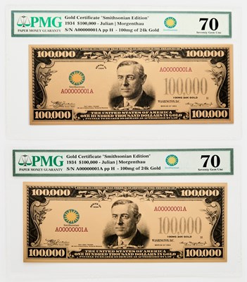 Lot 155 - United States. Pair of "Smithsonian Edition" Series 1934 $100,000 Gold Certificates. PMG Gem Unc. 70