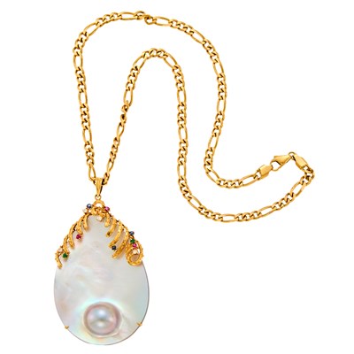 Lot 1041 - Gold, Blister Pearl and Gem-Set Pendant with Chain Necklace