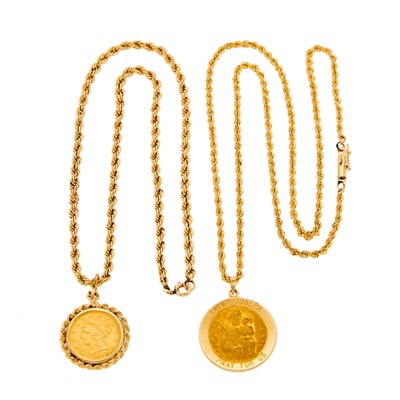 Lot 1050 - Two Gold Medallion and Gold Coin Pendants with Gold and Gold-Filled Chain Necklaces