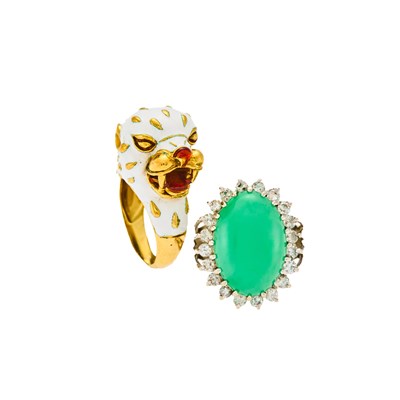 Lot 1184 - Gold and Enamel Leopard Ring and Low Karat White Gold, Cabochon Dyed Jadeite and Diamond Ring