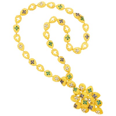 Lot 122 - Long Gold, Diamond, Emerald, Sapphire Pendant-Brooch Necklace