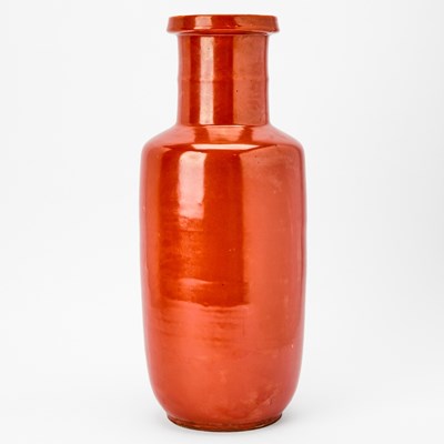 Lot 237 - A Chinese Coral Glazed Porcelain Rouleau Vase