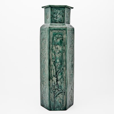 Lot 177 - A Chinese Molded Green Glazed Porcelain Hexagonal Vase
