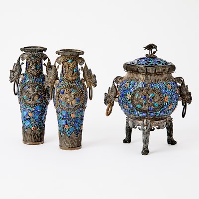 Lot 110 - A Chinese Silver Filigree and Enamel Three-Piece Garniture