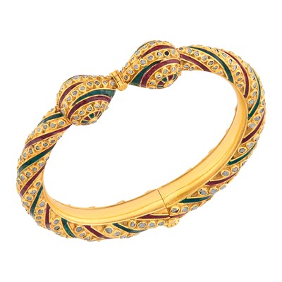 Lot 132 - Indian Gold, Diamond and Green and Red Enamel Bangle Bracelet
