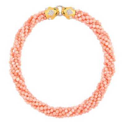 Lot 11 - Multistrand Angel Skin Coral Bead Torsade Necklace with Two-Color Gold, Diamond and Emerald Lions' Head Clasp