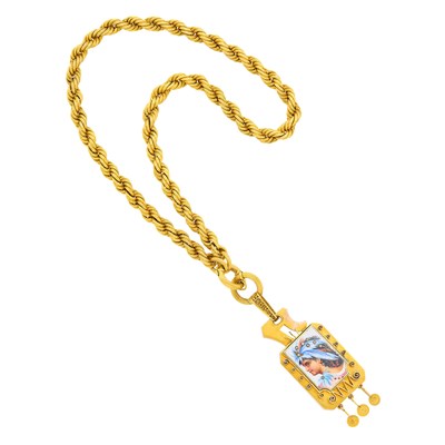 Lot 77 - Antique Twisted Gold Chain Necklace with Gold, Silver and Painted Portrait Miniature and Diamond Memorial Pendant-Necklace