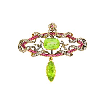 Lot 79 - Antique Silver, Gold, Peridot, Ruby and Diamond Brooch