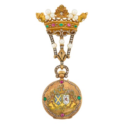 Lot 76 - Antique Gold, Enamel, Pearl, Diamond and Gem-Set Demi-Hunter Lapel Pendant-Watch