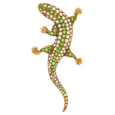 Lot 73 - Gold, Demantoid Garnet, Diamond and Ruby Lizard Brooch