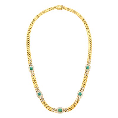Lot 119 - Two-Color Gold, Cabochon Emerald and Diamond Curb Link Chain Necklace