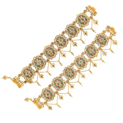 Lot 78 - Pair of Indian Gold, Enamel, Cabochon Emerald and Seed Pearl Swag Fringe Bracelets