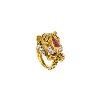 Lot 19 - Two-Color Gold, Enamel and Diamond Tiger Ring
