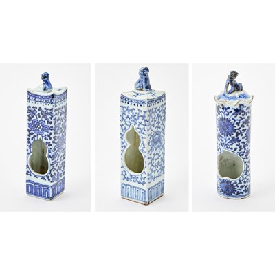 Lot 436 - Three Chinese Blue and White Porcelain Bird Feeders