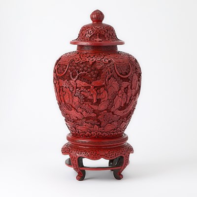 Lot 137 - A Chinese Carved Cinnabar Lacquer Vase and Stand