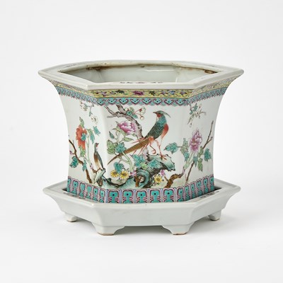 Lot 125 - Chinese Enameled Porcelain Hexagonal Jardiniere and Underplate