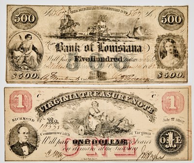 Lot 157 - United States, Virginia and Louisiana. Pair of Civil War-Era Obsolete Banknotes. Grades Fine to Very Fine.