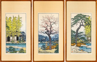 Lot 372 - A Japanese Shin Hanga Woodblock Triptych by Toshi Yoshida