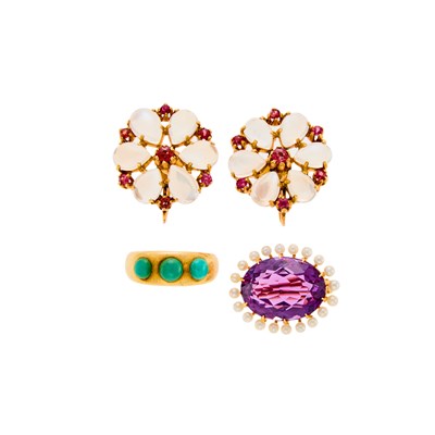 Lot 1212 - Group of Gold, Amethyst, Moonstone, Rhodolite, Turquoise and Cultured Pearl Jewelry