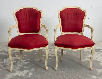 Lot 44 - Pair of Cream Painted and Red Upholstered Fauteuils