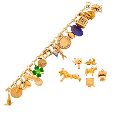 Lot 1234 - Gold, Gilt-Metal, Metal and Enamel Charm Bracelet and Additional Charms