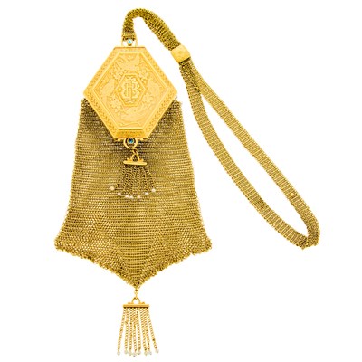 Lot 1202 - Antique Gold, Cabochon Sapphire and Seed Pearl Purse and Compact Case