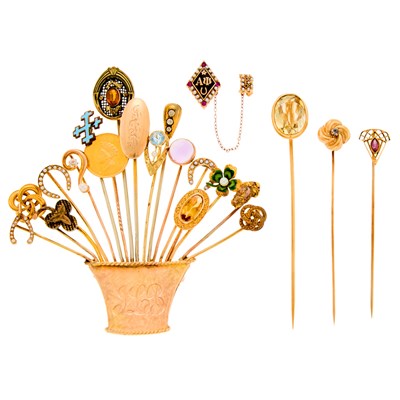 Lot 1206 - Gold, Low Karat Gold, Gilt-Metal, Gem-Set and Glass Stick Pin Brooch and Group of Stick Pins