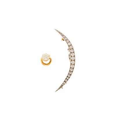 Lot 1208 - Platinum-Topped Gold and Diamond Crescent Brooch and Gold and Diamond Button