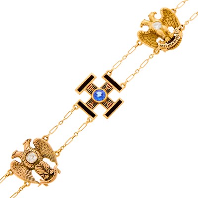 Lot 1209 - Gold, Diamond, Synthetic Sapphire and Red and Black Enamel Freemason Charm Bracelet