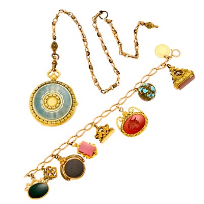 Lot 1210 - Antique Gold-FIlled, Gold and Hardstone Charm Bracelet and Gold and Enamel Pendant-Compact with Gold-Filled Fob Chain
