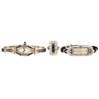 Lot 1224 - Two Platinum, Diamond and Sapphire Watches and White Gold, Diamond and Synthetic Sapphire Ring