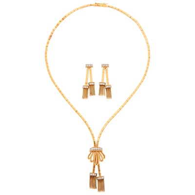 Lot 38 - Two-Color Gold and Diamomd Tassel Necklace and Pair of Earrings