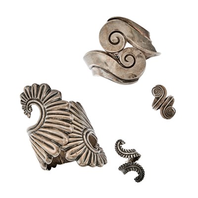 Lot 1256 - J. Gomez, Margot de Taxco, Balderas Two Sterling Silver Cuff Bracelets and Two Rings