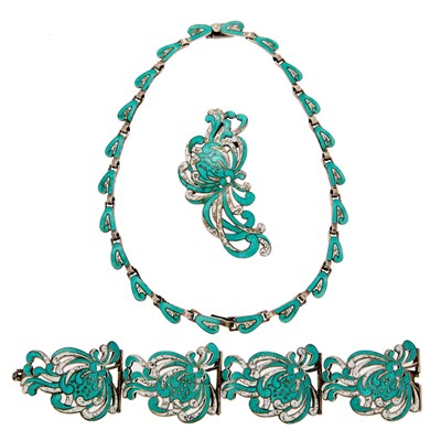 Lot 1250 - Margot de Taxco Silver, White and Turquoise Enamel 'Chrysanthemum' Necklace, Bracelet and Pendant-Brooch