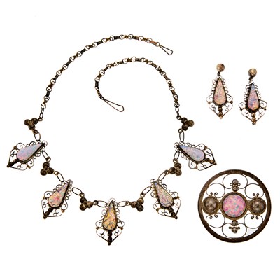 Lot 1248 - Silver and Simulated Opal Glass Necklace, Brooch and Pair of Pendant-Earrings