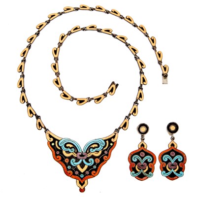 Lot 1253 - Margot de Taxco Long Silver and Multicolored Enamel Necklace and Pair of Pendant-Earclips