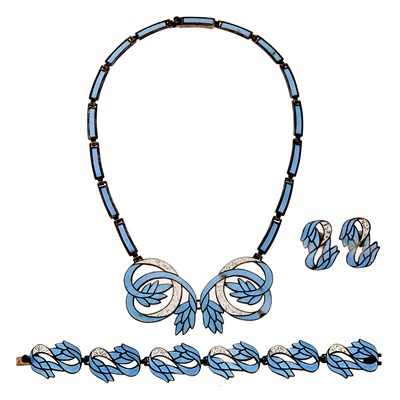Lot 1254 - Margot de Taxco Silver and Enamel Necklace, Bracelet and Pair of Earrings