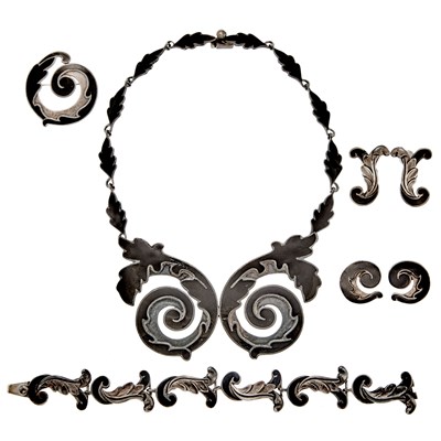 Lot 1255 - Margot de Taxco Silver and Black Enamel Necklace, Bracelet, Brooch and Two Pairs of Earrings