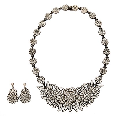 Lot 1245 - Margot de Taxco Silver and White Enamel Flower Necklace and Pair of Pendant-Earrings