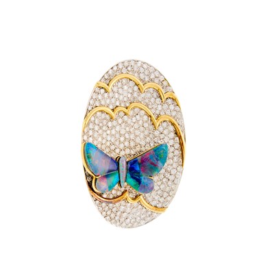 Lot 1288 - Two-Color Gold, Opal and Diamond Clip-Brooch