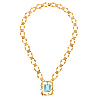 Lot 1287 - Gold, High Karat Gold, Aquamarine and Diamond Pendant-Necklace