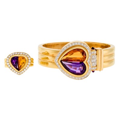 Lot 1286 - Two-Color Gold, Citrine, Amethyst, Cabochon Amethyst and Diamond Bangle Bracelet and Ring