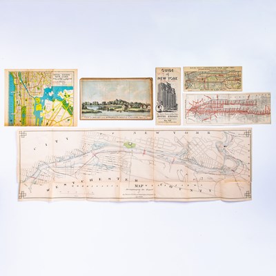 Lot 46 - New York transit maps and guides from the 1920-30s, with a color lithographed view of Harlem in 1765