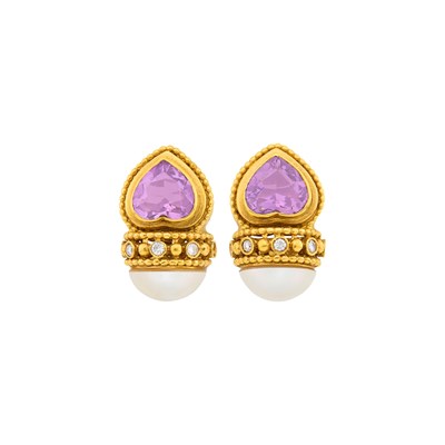 Lot 3 - Pair of Gold, Amethyst, Mabé Pearl and Diamond Earclips