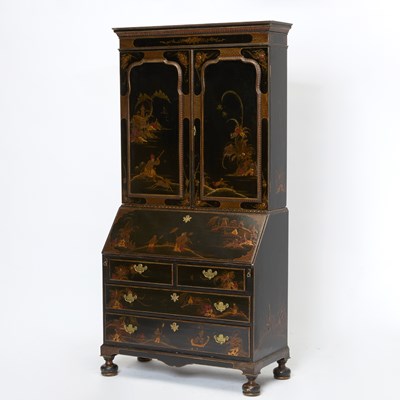 Lot 114 - George I Style Parcel-Gilt Black and Red Lacquer Bureau Bookcase