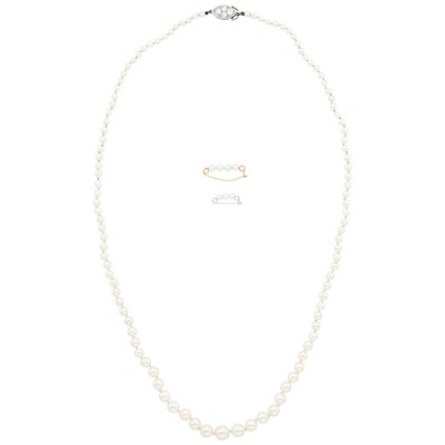 Lot 1073 - Cultured Pearl Necklace with Platinum and Diamond Clasp and Two Safety Pins