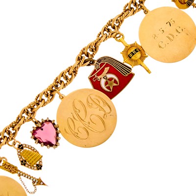 Lot 1119 - Gold, Low Karat Gold, Gilt-Metal, Cultured Pearl and Glass Charm Bracelet
