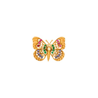 Lot 1143 - Gold, Emerald, Ruby, Sapphire and Diamond Brooch