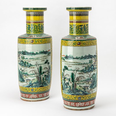 Lot 253 - A Pair of Chinese Enameled Porcelain Rouleau Vases